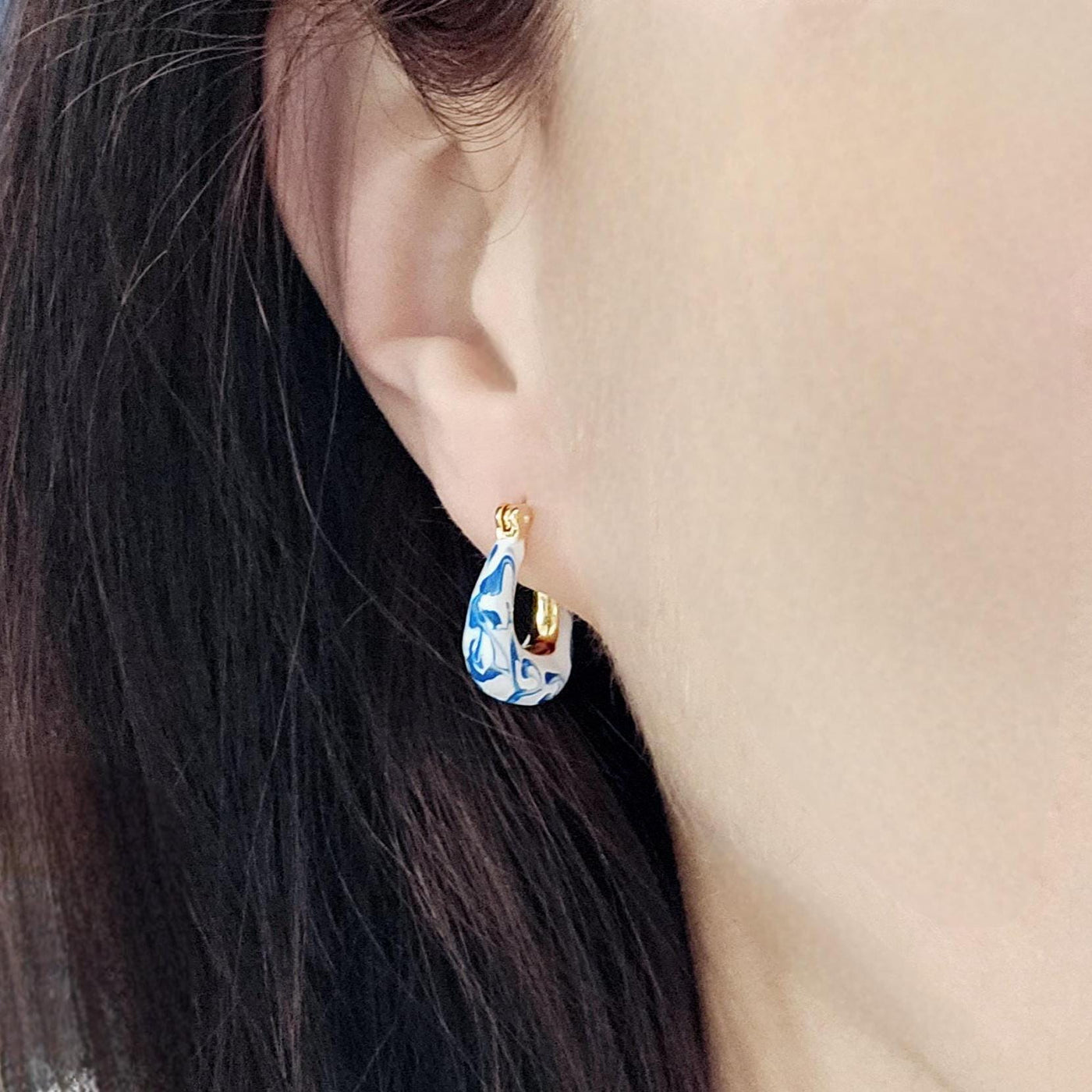 Geometric Gold Vermeil Hoop Earring Blue White Enamel Ocean Wave Pattern Handcrafted Gift for Her Anniversary Jewelry Mediterranean Gift