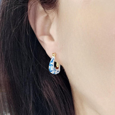 Geometric Gold Vermeil Hoop Earring Blue White Enamel Ocean Wave Pattern Handcrafted Gift for Her Anniversary Jewelry Mediterranean Gift