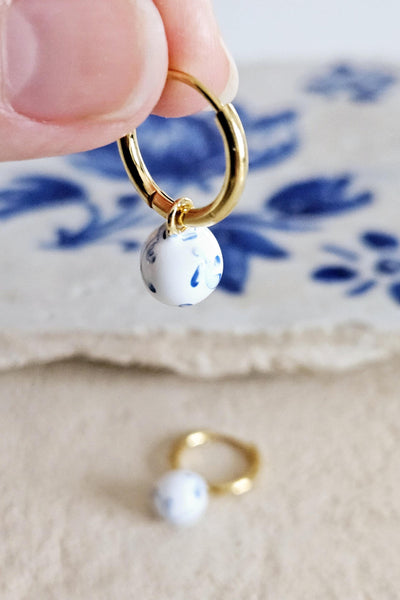 GOLD HOOP Enamel Globe Ball Charm Earring Ceramic Inspired Earring Blue White Wavy Pattern Jewelry Pottery Birthday Gift Mediterranean Charm
