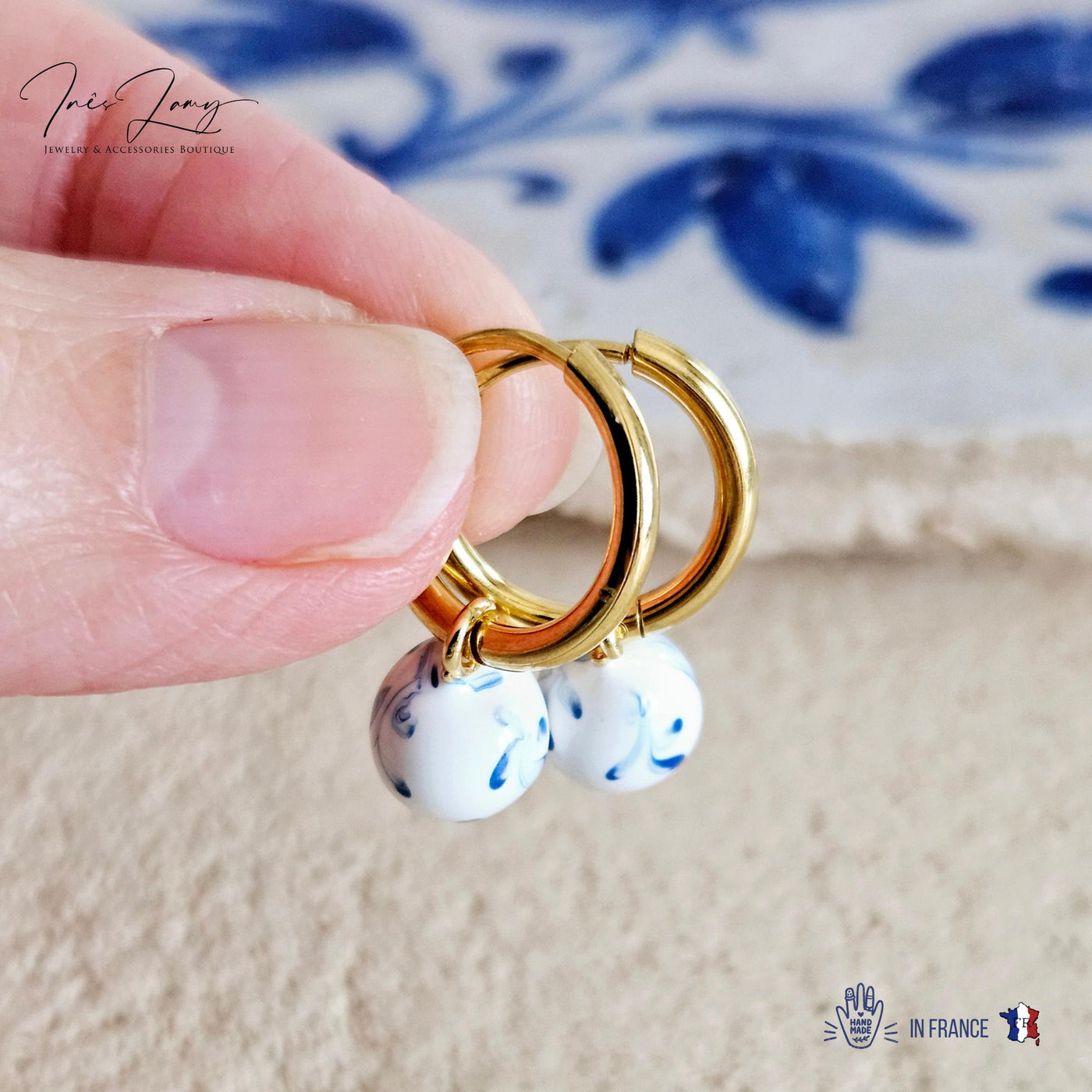GOLD HOOP Enamel Globe Ball Charm Earring Ceramic Inspired Earring Blue White Wavy Pattern Jewelry Pottery Birthday Gift Mediterranean Charm