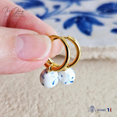 GOLD HOOP Enamel Globe Ball Charm Earring Ceramic Inspired Earring Blue White Wavy Pattern Jewelry Pottery Birthday Gift Mediterranean Charm