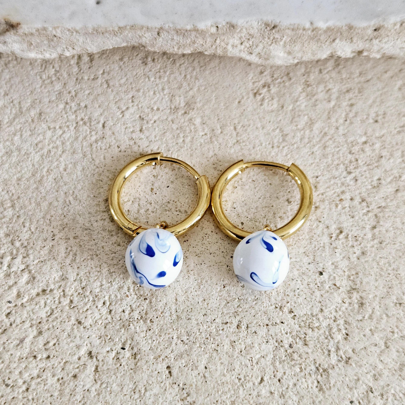 GOLD HOOP Enamel Globe Ball Charm Earring Ceramic Inspired Earring Blue White Wavy Pattern Jewelry Pottery Birthday Gift Mediterranean Charm