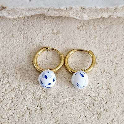 GOLD HOOP Enamel Globe Ball Charm Earring Ceramic Inspired Earring Blue White Wavy Pattern Jewelry Pottery Birthday Gift Mediterranean Charm