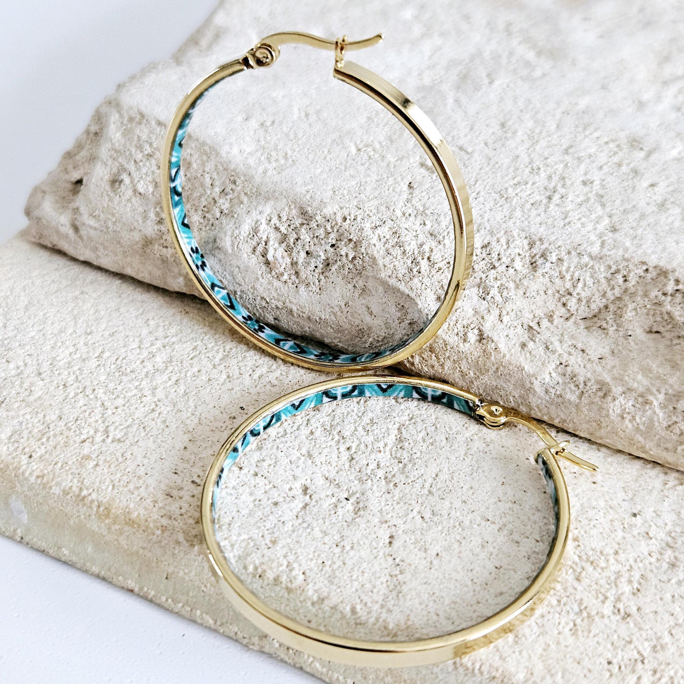 GOLD GREEN Flat HOOP Tile Earring Portugal Stainless Steel Azulejo Delicate Gold Hoop Historical Gold Jewelry Travel Gift Portuguese Tile