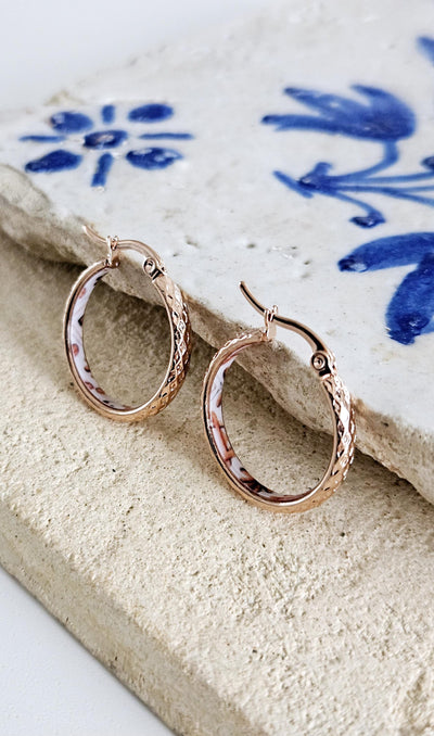 ROSE GOLD Etched Hoop Earrings Pink White Inlay Tile Hoops Portuguese Tile Jewelry Anniversary Gift for Women Stainless Steel 22mm|0.9"