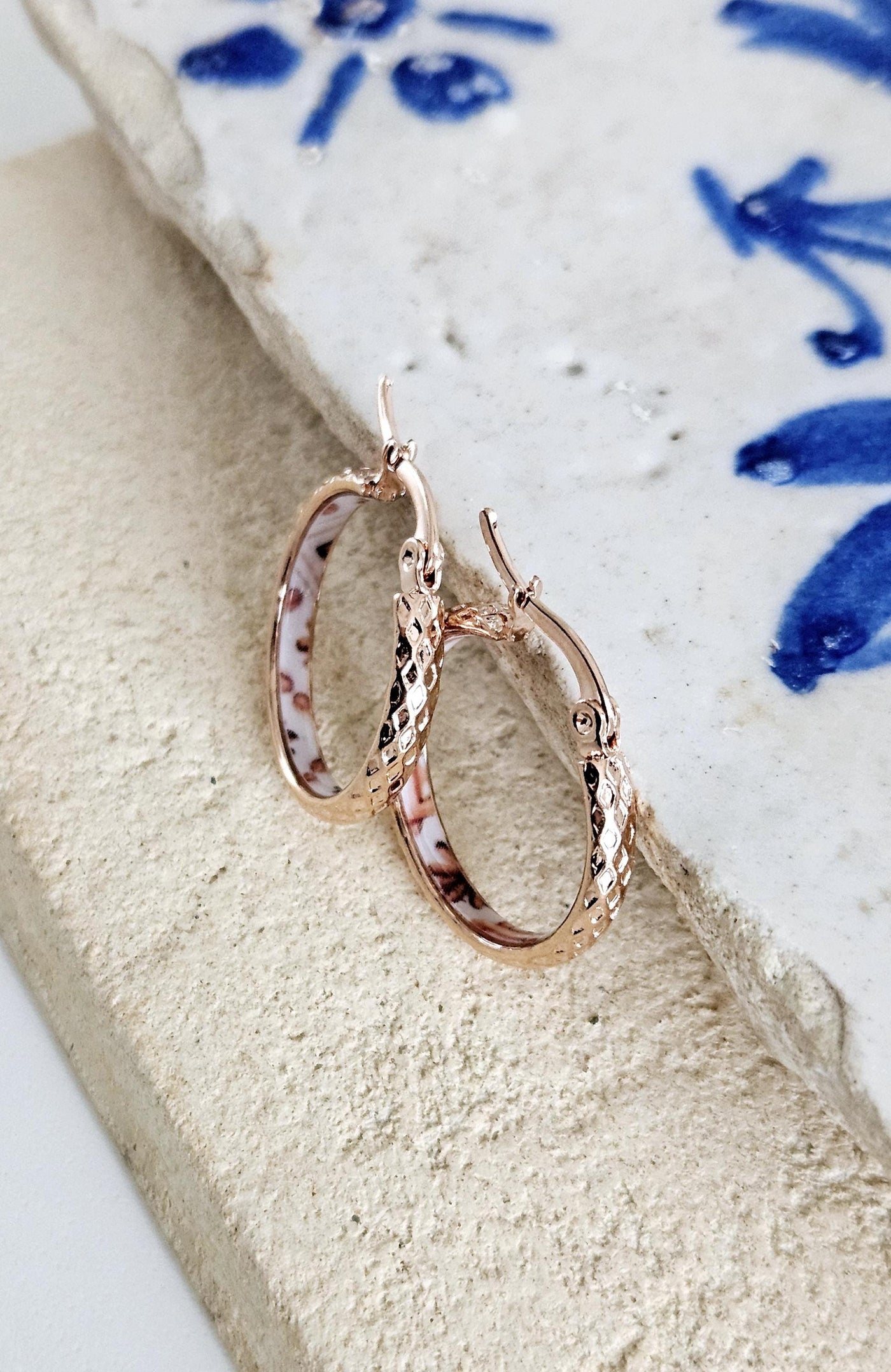 ROSE GOLD Etched Hoop Earrings Pink White Inlay Tile Hoops Portuguese Tile Jewelry Anniversary Gift for Women Stainless Steel 22mm|0.9"