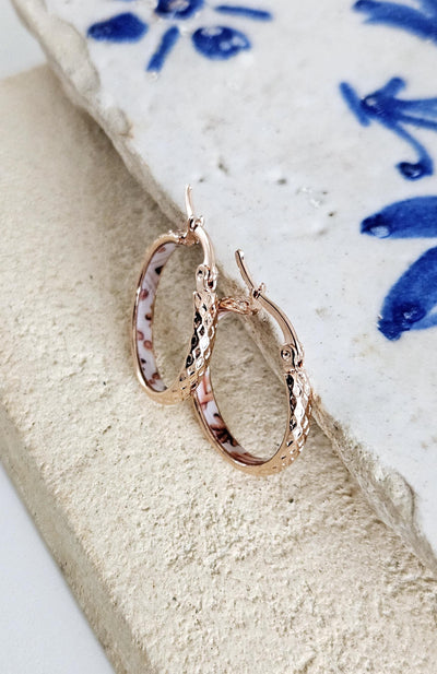 ROSE GOLD Etched Hoop Earrings Pink White Inlay Tile Hoops Portuguese Tile Jewelry Anniversary Gift for Women Stainless Steel 22mm|0.9"