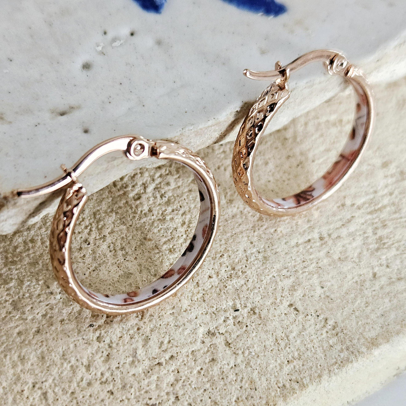 ROSE GOLD Etched Hoop Earrings Pink White Inlay Tile Hoops Portuguese Tile Jewelry Anniversary Gift for Women Stainless Steel 22mm|0.9"