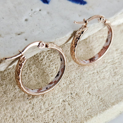 ROSE GOLD Etched Hoop Earrings Pink White Inlay Tile Hoops Portuguese Tile Jewelry Anniversary Gift for Women Stainless Steel 22mm|0.9"