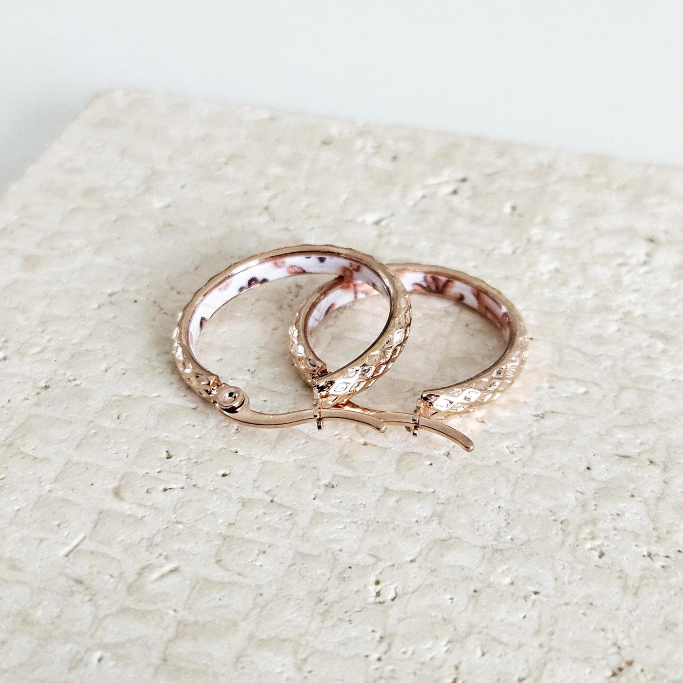 ROSE GOLD Etched Hoop Earrings Pink White Inlay Tile Hoops Portuguese Tile Jewelry Anniversary Gift for Women Stainless Steel 22mm|0.9"