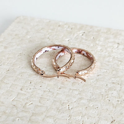 ROSE GOLD Etched Hoop Earrings Pink White Inlay Tile Hoops Portuguese Tile Jewelry Anniversary Gift for Women Stainless Steel 22mm|0.9"