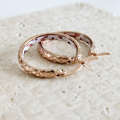 ROSE GOLD Etched Hoop Earrings Pink White Inlay Tile Hoops Portuguese Tile Jewelry Anniversary Gift for Women Stainless Steel 22mm|0.9"