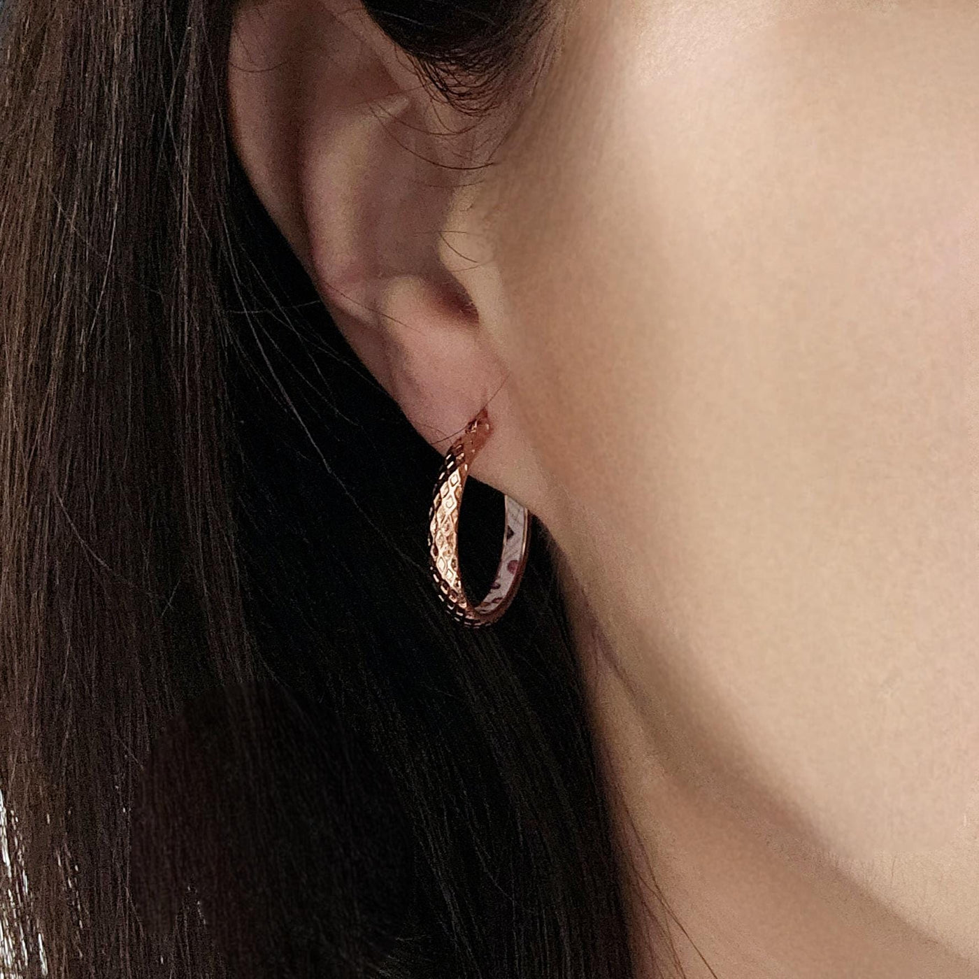 ROSE GOLD Etched Hoop Earrings Pink White Inlay Tile Hoops Portuguese Tile Jewelry Anniversary Gift for Women Stainless Steel 22mm|0.9"