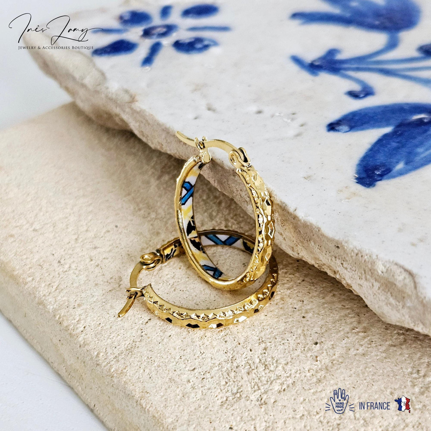 GOLD Etched Hoop Earrings Yellow Blue Inlay Tile Hoop Portuguese Tile Jewelry Anniversary Birthday Gift for Women Stainless Steel 22mm|0.9"