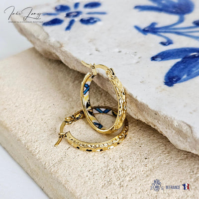 GOLD Etched Hoop Earrings Yellow Blue Inlay Tile Hoop Portuguese Tile Jewelry Anniversary Birthday Gift for Women Stainless Steel 22mm|0.9"