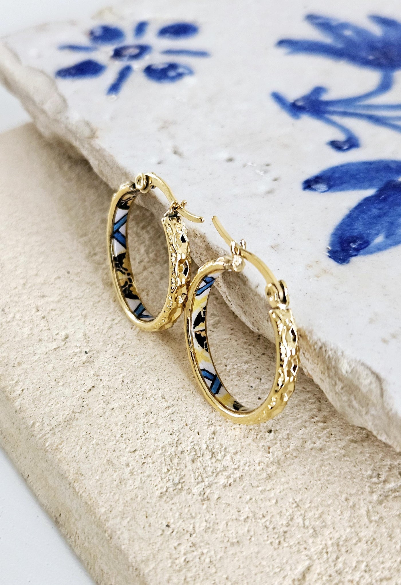 GOLD Etched Hoop Earrings Yellow Blue Inlay Tile Hoop Portuguese Tile Jewelry Anniversary Birthday Gift for Women Stainless Steel 22mm|0.9"