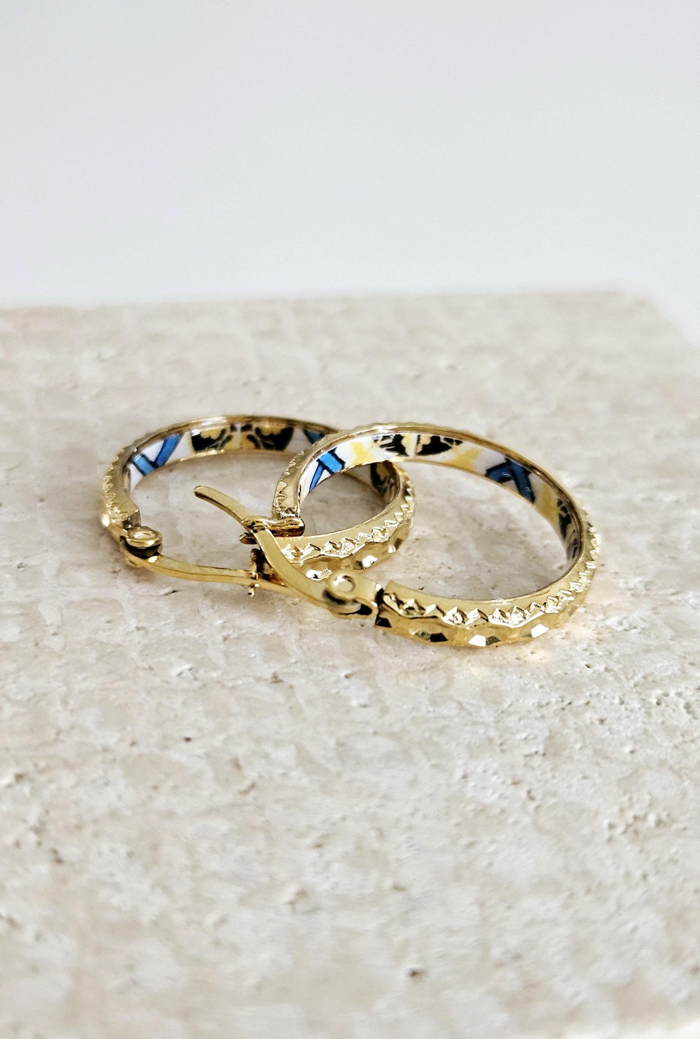 GOLD Etched Hoop Earrings Yellow Blue Inlay Tile Hoop Portuguese Tile Jewelry Anniversary Birthday Gift for Women Stainless Steel 22mm|0.9"