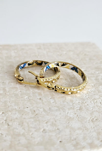 GOLD Etched Hoop Earrings Yellow Blue Inlay Tile Hoop Portuguese Tile Jewelry Anniversary Birthday Gift for Women Stainless Steel 22mm|0.9"