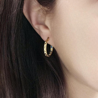 GOLD Etched Hoop Earrings Yellow Blue Inlay Tile Hoop Portuguese Tile Jewelry Anniversary Birthday Gift for Women Stainless Steel 22mm|0.9"