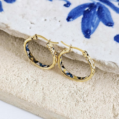 GOLD Etched Hoop Earrings Yellow Blue Inlay Tile Hoop Portuguese Tile Jewelry Anniversary Birthday Gift for Women Stainless Steel 22mm|0.9"