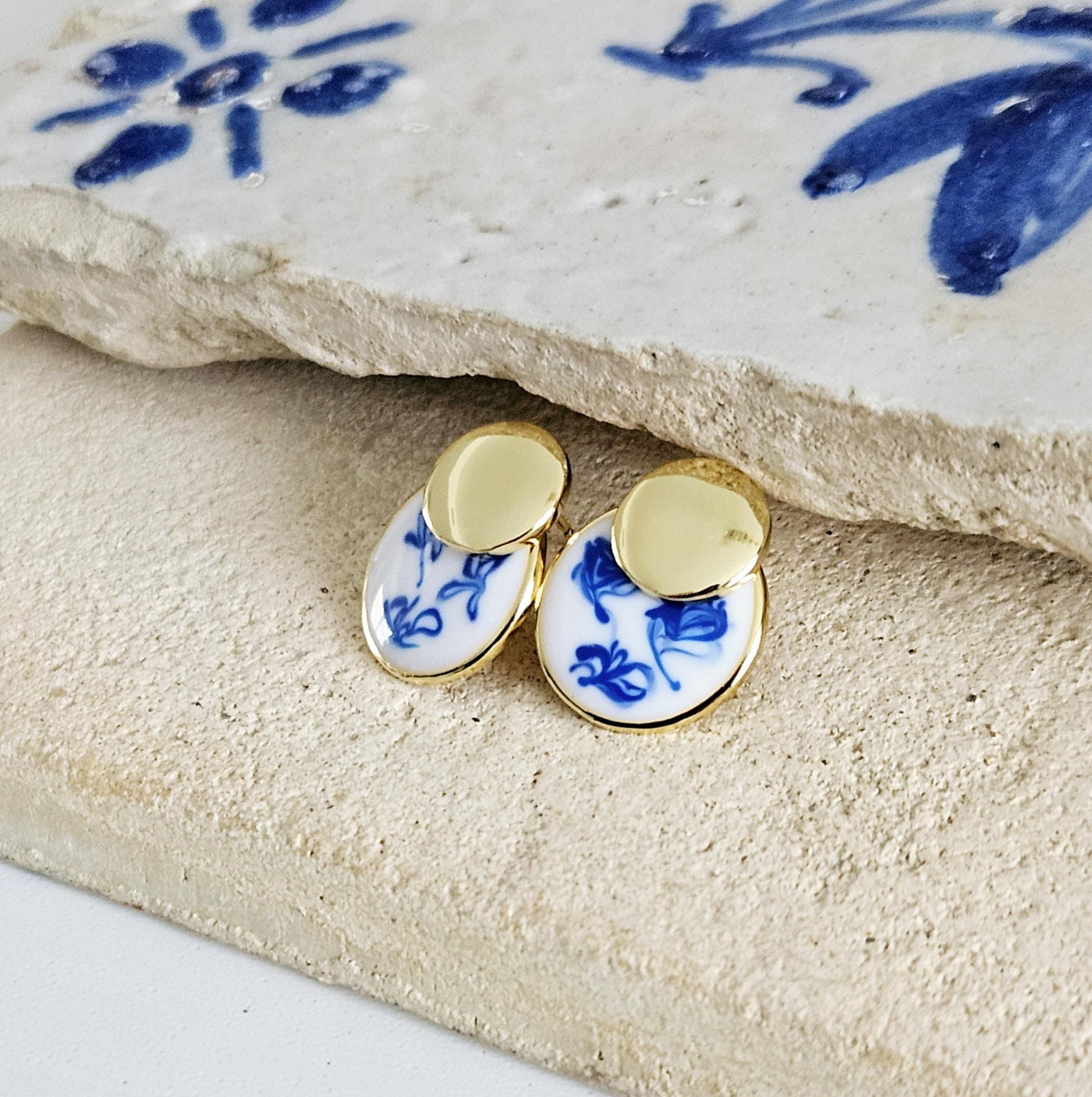 925 Small Blue White GOLD Vermeil Stud Hoop Earring Blue Azulejo Inspired Statement Handmade Gift Enamel Hoop Gift Wife Jewelry for Her