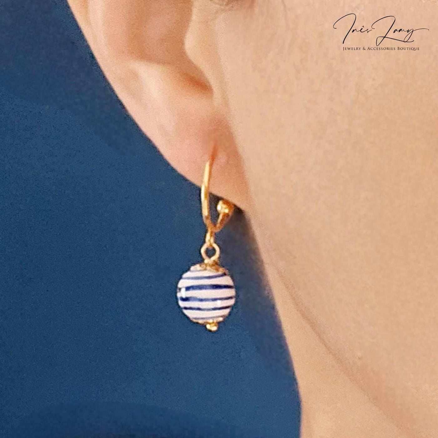 GOLD Hoop Ceramic Globe Stripe Blue Bead Earring Porcelain Ceramic Earring Blue White Geometric Jewelry Ear Earring Pottery Birthday Gift