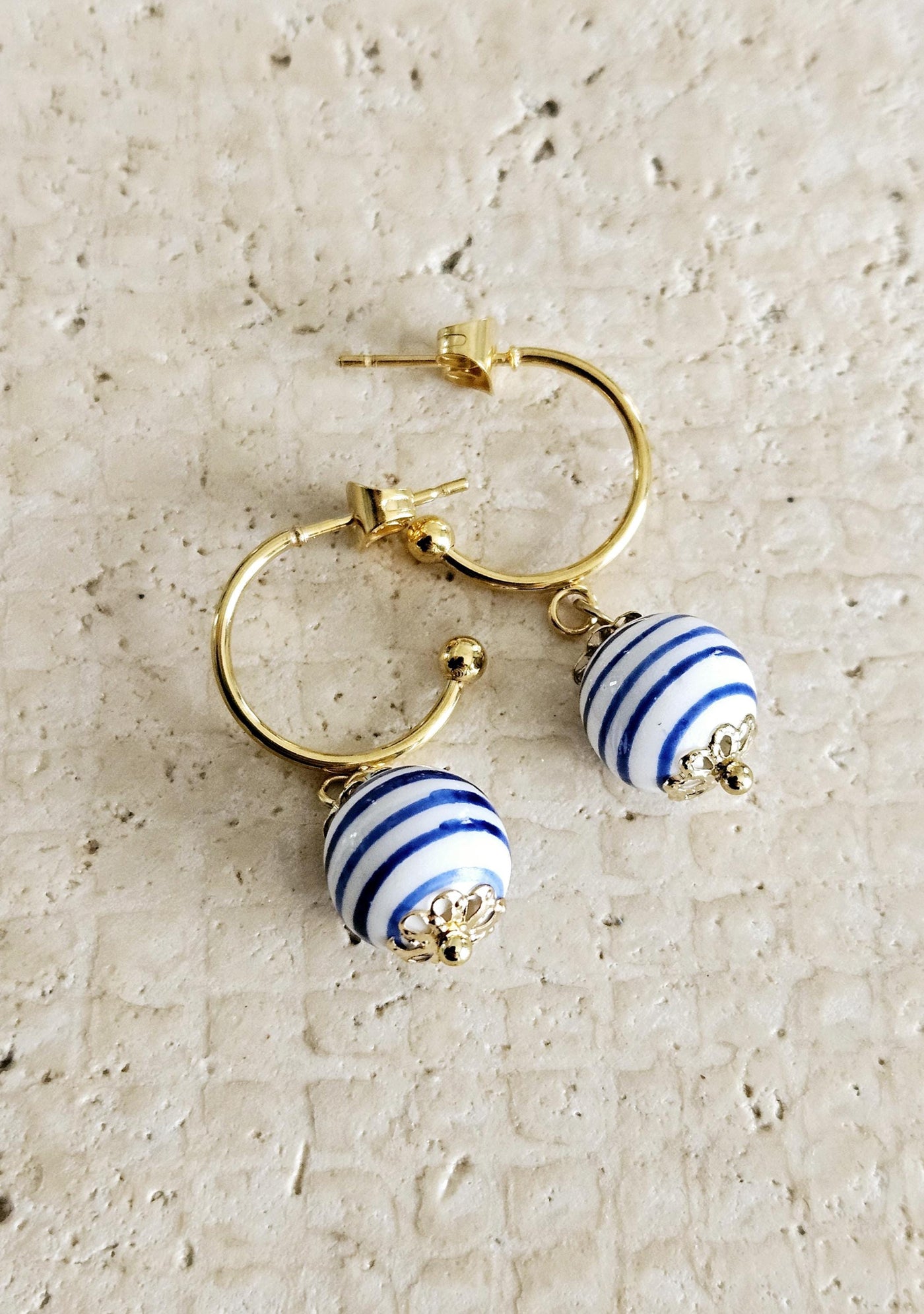 GOLD Hoop Ceramic Globe Stripe Blue Bead Earring Porcelain Ceramic Earring Blue White Geometric Jewelry Ear Earring Pottery Birthday Gift