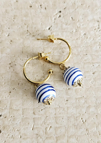 GOLD Hoop Ceramic Globe Stripe Blue Bead Earring Porcelain Ceramic Earring Blue White Geometric Jewelry Ear Earring Pottery Birthday Gift