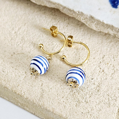 GOLD Hoop Ceramic Globe Stripe Blue Bead Earring Porcelain Ceramic Earring Blue White Geometric Jewelry Ear Earring Pottery Birthday Gift