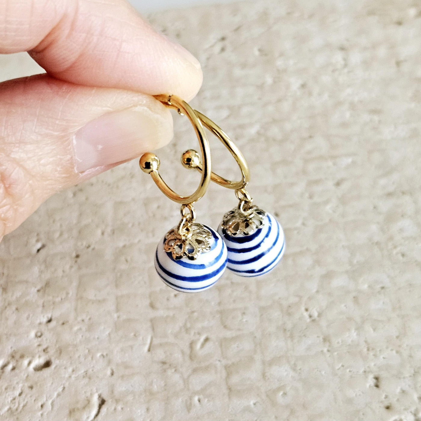 GOLD Hoop Ceramic Globe Stripe Blue Bead Earring Porcelain Ceramic Earring Blue White Geometric Jewelry Ear Earring Pottery Birthday Gift