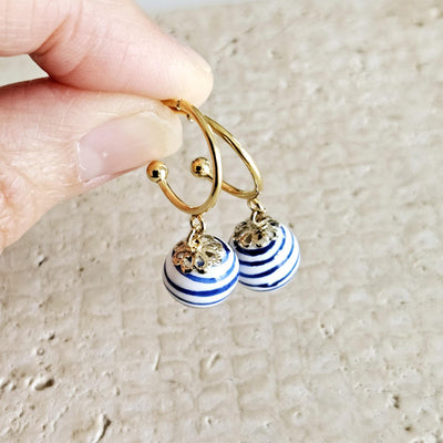 GOLD Hoop Ceramic Globe Stripe Blue Bead Earring Porcelain Ceramic Earring Blue White Geometric Jewelry Ear Earring Pottery Birthday Gift