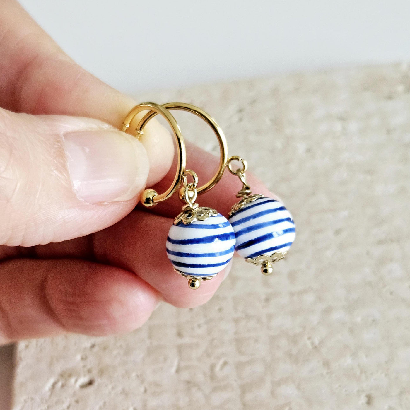 GOLD Hoop Ceramic Globe Stripe Blue Bead Earring Porcelain Ceramic Earring Blue White Geometric Jewelry Ear Earring Pottery Birthday Gift