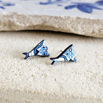 Portugal Tile Cod Shape Stud Earring Blue Fish Post Earring Vintage Tile Bacalhau Jewelry Wood Gift Anniversary Gift Travel Vacation Gift