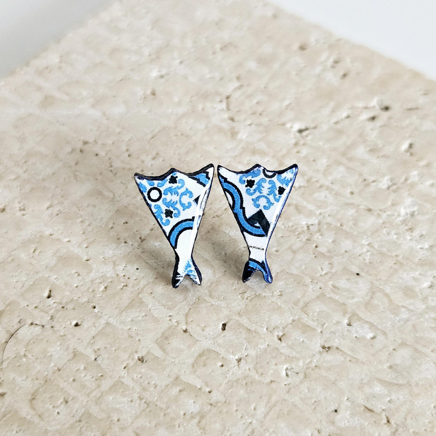 Portugal Tile Cod Shape Stud Earring Blue Fish Post Earring Vintage Tile Bacalhau Jewelry Wood Gift Anniversary Gift Travel Vacation Gift