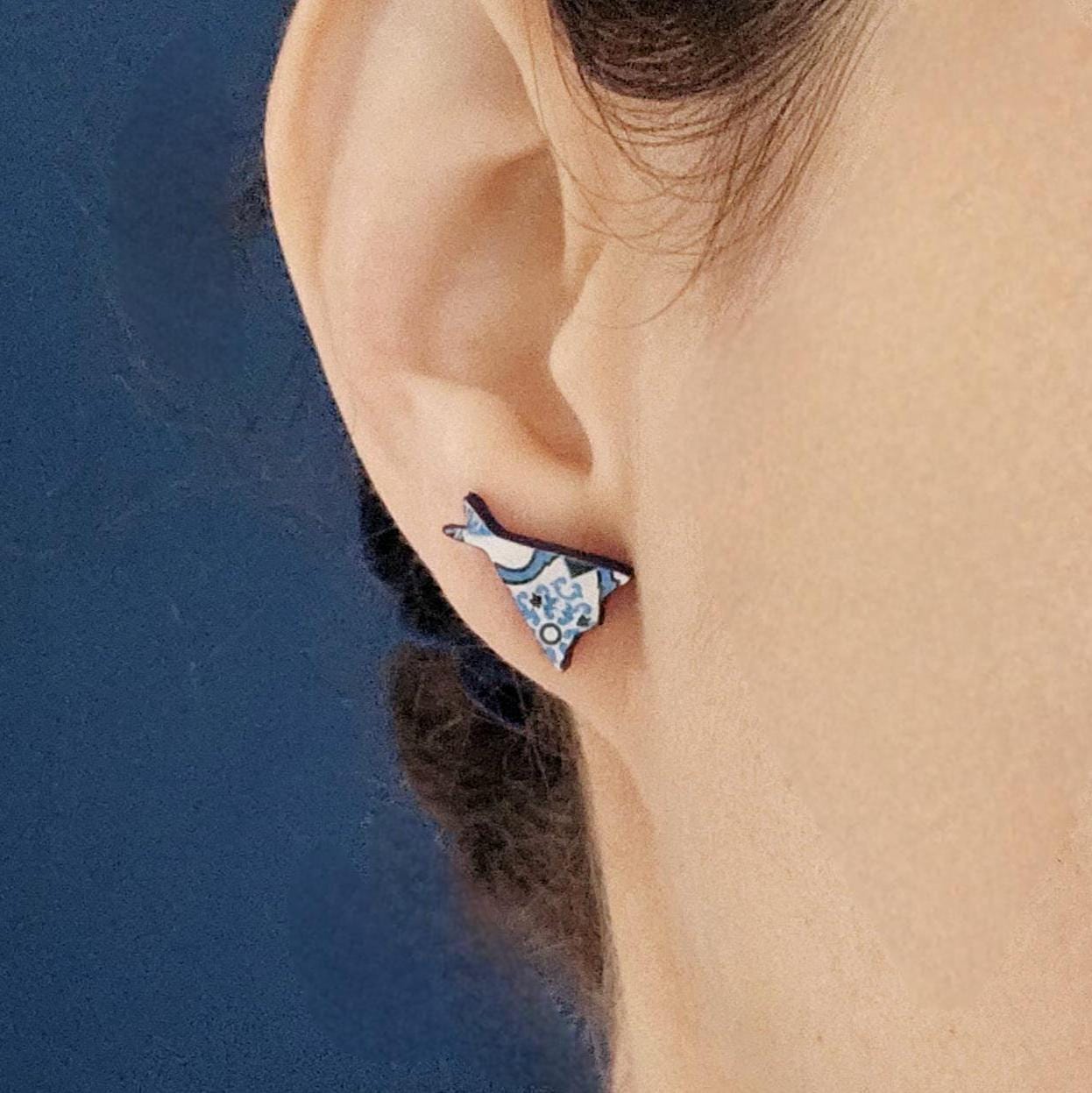 Portugal Tile Cod Shape Stud Earring Blue Fish Post Earring Vintage Tile Bacalhau Jewelry Wood Gift Anniversary Gift Travel Vacation Gift