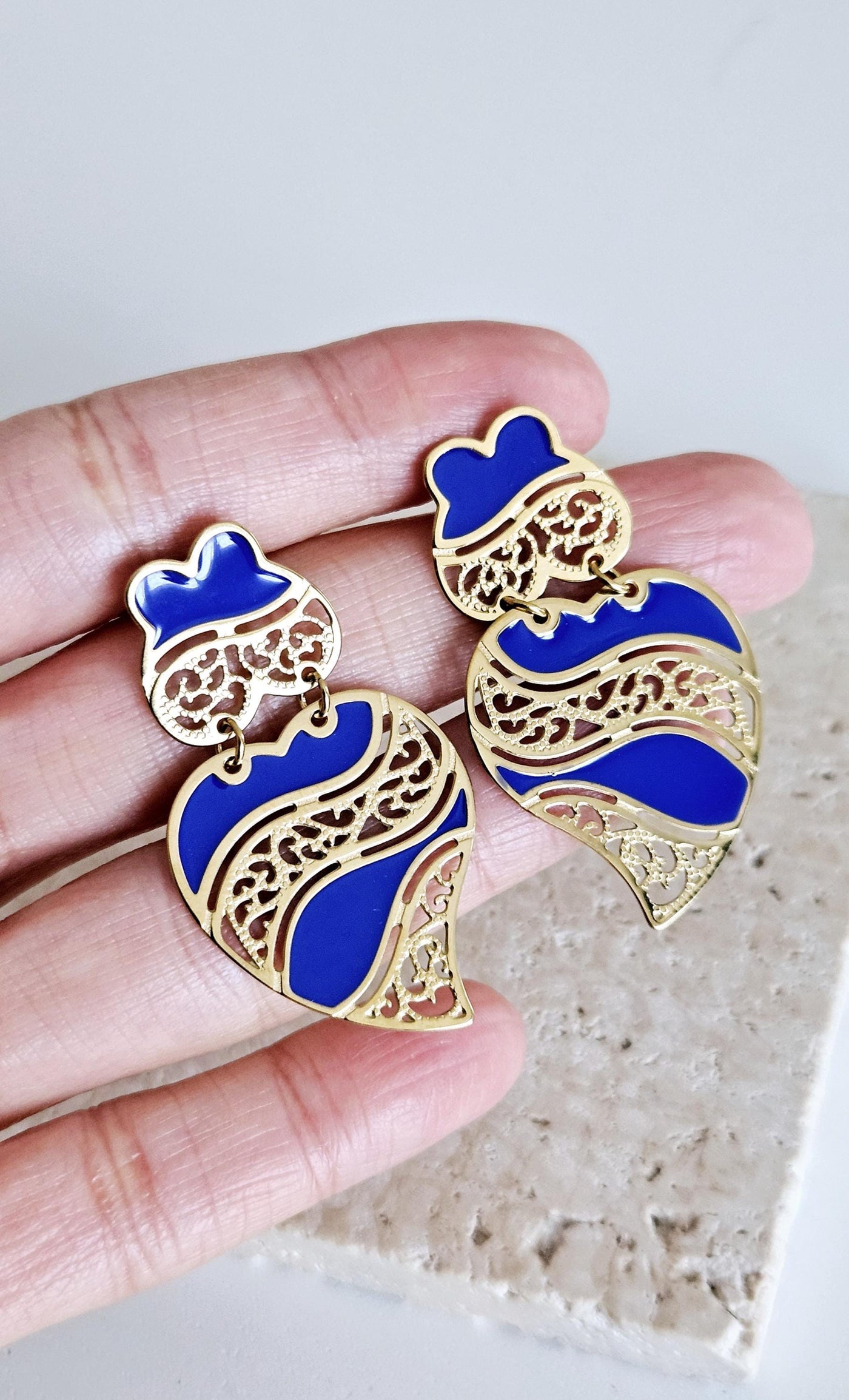 GOLD Viana Heart Indigo BLUE Earring Filigree Steel Stud Heart Earring Lightweight Handmade Jewelry Gift Wedding Jewelry Gift from Portugal
