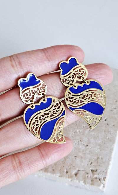 GOLD Viana Heart Indigo BLUE Earring Filigree Steel Stud Heart Earring Lightweight Handmade Jewelry Gift Wedding Jewelry Gift from Portugal
