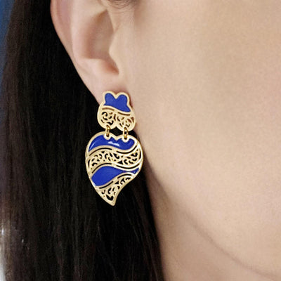 GOLD Viana Heart Indigo BLUE Earring Filigree Steel Stud Heart Earring Lightweight Handmade Jewelry Gift Wedding Jewelry Gift from Portugal