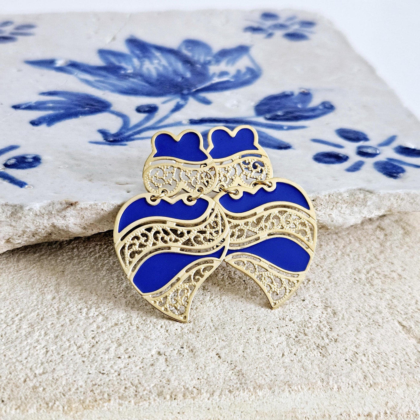 GOLD Viana Heart Indigo BLUE Earring Filigree Steel Stud Heart Earring Lightweight Handmade Jewelry Gift Wedding Jewelry Gift from Portugal