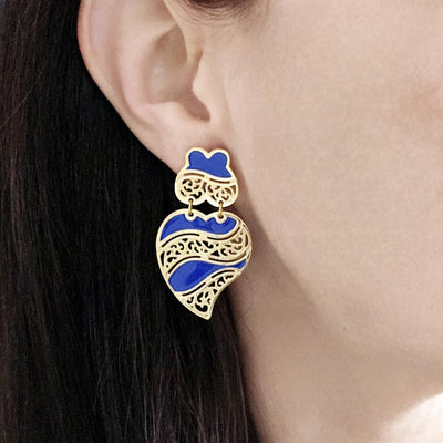 GOLD Viana Heart Indigo BLUE Earring Filigree Steel Stud Heart Earring Lightweight Handmade Jewelry Gift Wedding Jewelry Gift from Portugal