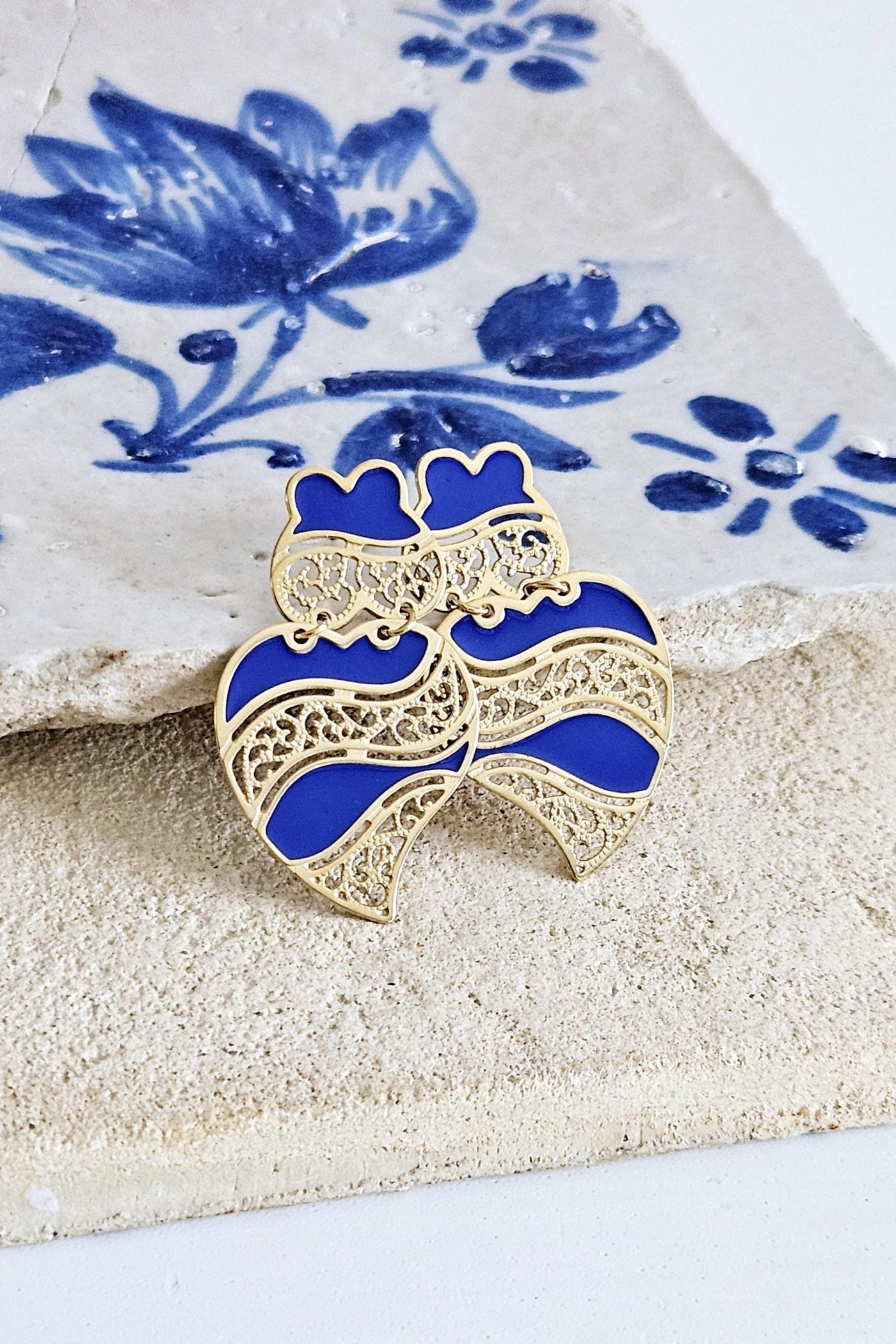 GOLD Viana Heart Indigo BLUE Earring Filigree Steel Stud Heart Earring Lightweight Handmade Jewelry Gift Wedding Jewelry Gift from Portugal