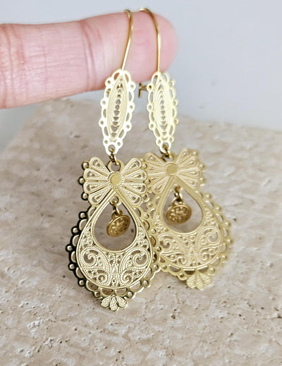 GOLD Queen Filigree Earrings SILVER Steel Dangle Thin Earring Lightweight Handmade Jewelry Mother Gift Birthday Gift Portugal Travel Gift