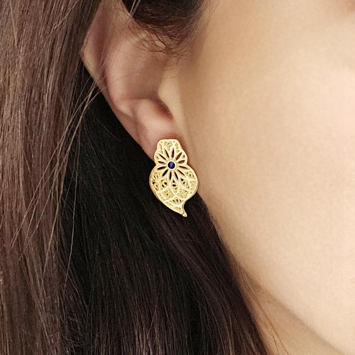 GOLD Steel Filigree Viana Heart Indigo Blue Dot Earring Stud Heart Earring Lightweight Handmade Jewelry Gift Wedding Jewelry Portugal Gift