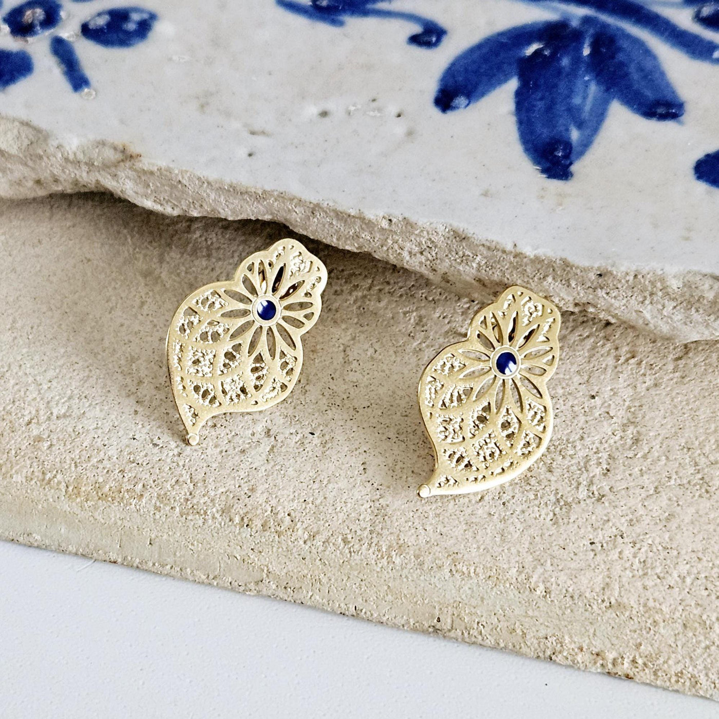 GOLD Steel Filigree Viana Heart Indigo Blue Dot Earring Stud Heart Earring Lightweight Handmade Jewelry Gift Wedding Jewelry Portugal Gift