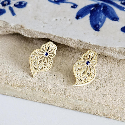 GOLD Steel Filigree Viana Heart Indigo Blue Dot Earring Stud Heart Earring Lightweight Handmade Jewelry Gift Wedding Jewelry Portugal Gift