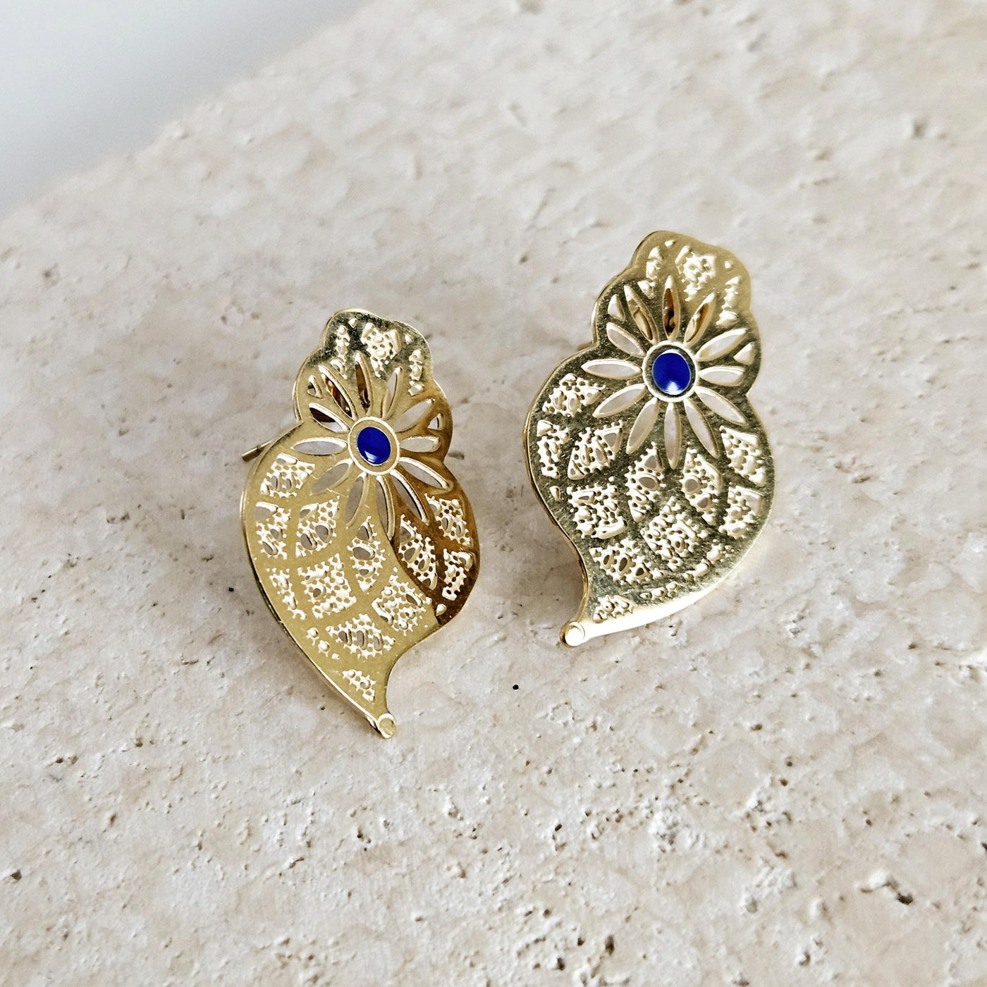 GOLD Steel Filigree Viana Heart Indigo Blue Dot Earring Stud Heart Earring Lightweight Handmade Jewelry Gift Wedding Jewelry Portugal Gift