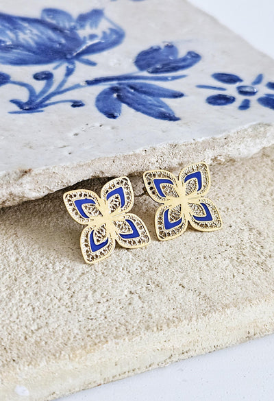 GOLD Steel Filigree Flower Indigo Blue Enamel Earring Stud Four Petal Flower Earring Lightweight Jewelry Portugal Gift Anniversary Wife Gift