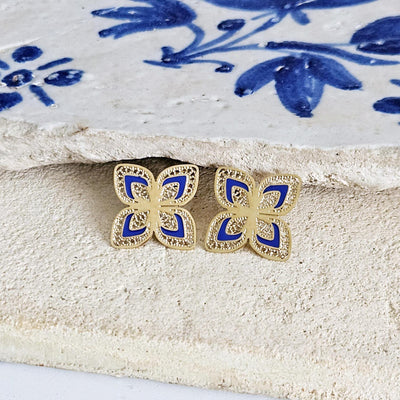 GOLD Steel Filigree Flower Indigo Blue Enamel Earring Stud Four Petal Flower Earring Lightweight Jewelry Portugal Gift Anniversary Wife Gift