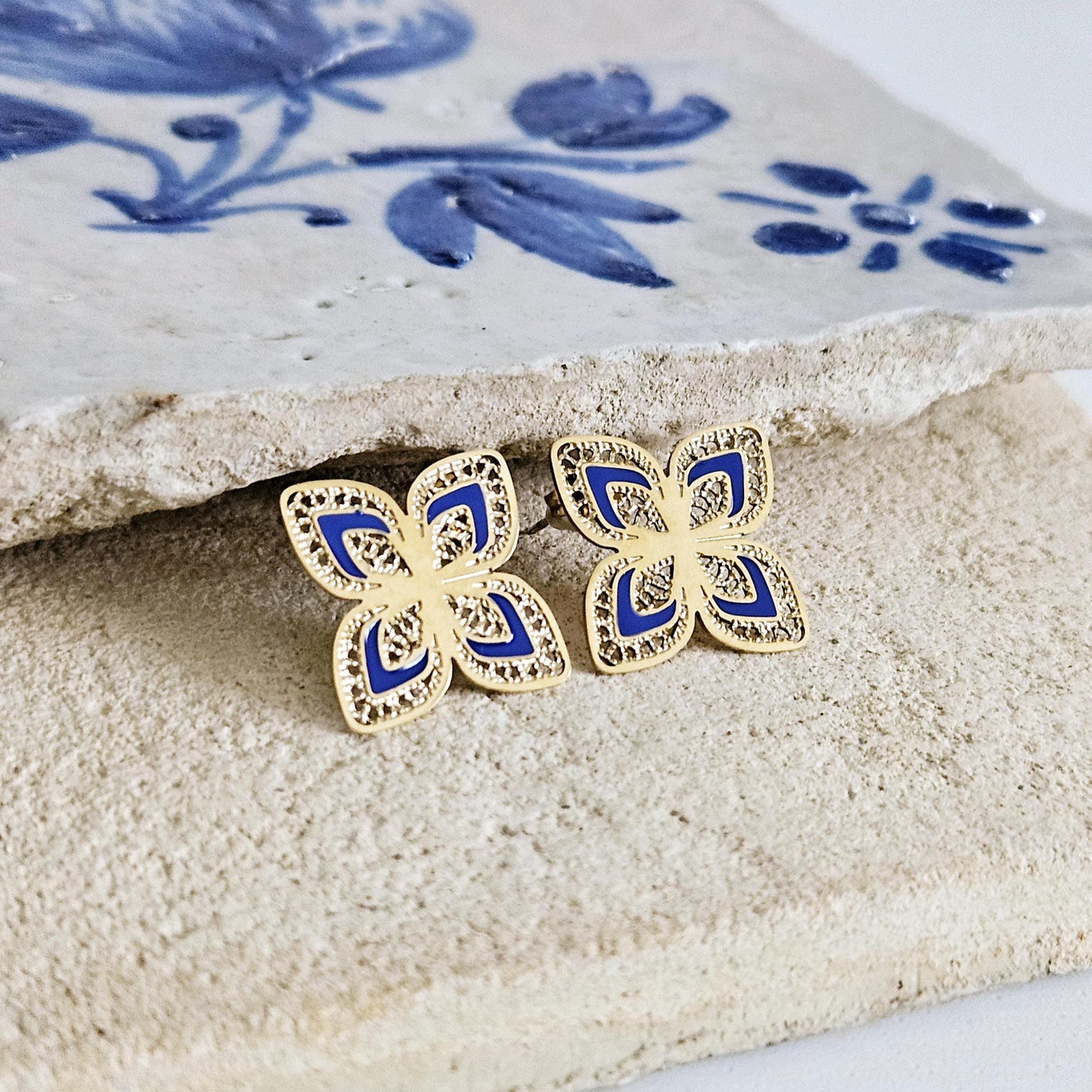 GOLD Steel Filigree Flower Indigo Blue Enamel Earring Stud Four Petal Flower Earring Lightweight Jewelry Portugal Gift Anniversary Wife Gift