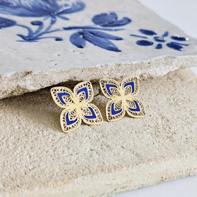 GOLD Steel Filigree Flower Indigo Blue Enamel Earring Stud Four Petal Flower Earring Lightweight Jewelry Portugal Gift Anniversary Wife Gift